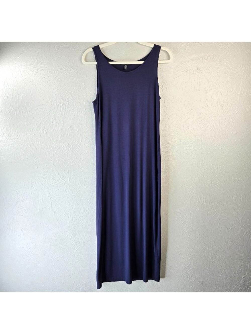 Eileen Fisher Shift Dress SMALL Navy Blue Jersey Minimalist Sleeveless Relaxed